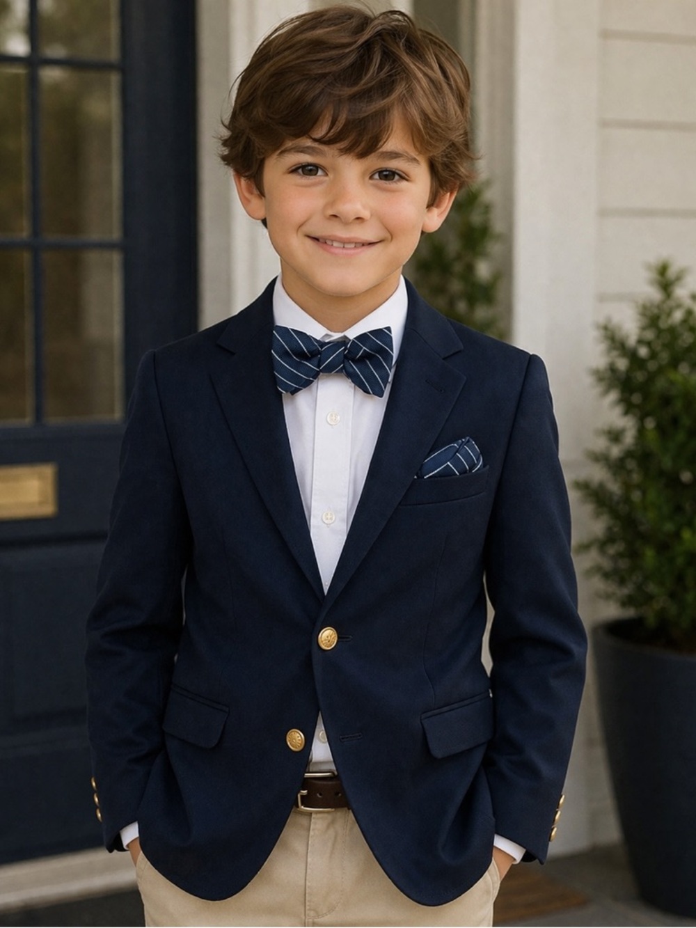 Boys Striped white Blue Bavy Navy Boys bow tie and pocket square size 5 to 6